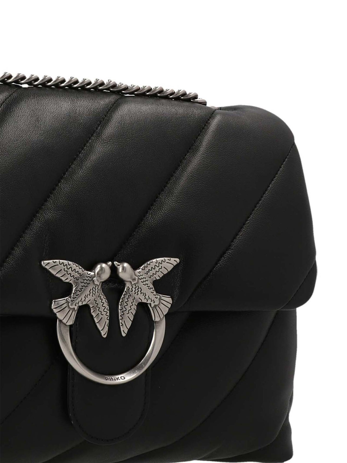 Quilted Crossbody Flap Handbag by PINKO for women in lamb leather black features an multi-faceted design with a secure flap, magnetic & buckle, ample , and versatile crossbody-strap & shoulder-strap for a multi-faceted finish.