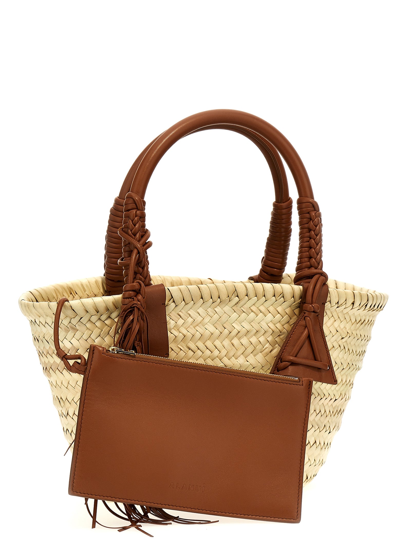 This Small Clutch Handbag by Alanui for women in lana wool blend and brown presents a sculptural silhouette featuring a secure , ample , and versatile handle for a sculptural finish.