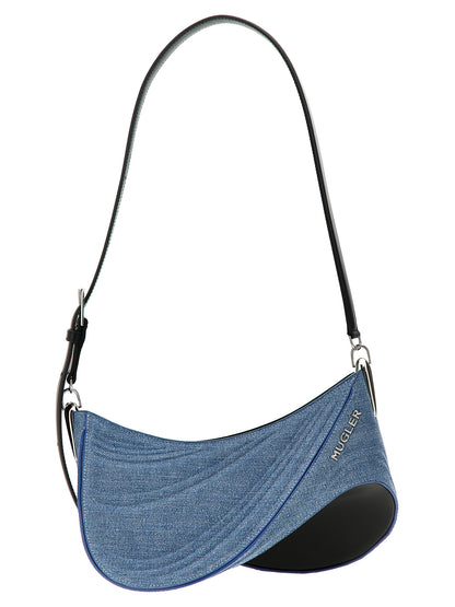 Medium Shoulder Bag by Mugler for women in calfskin leather blue features an effortlessly chic silhouette with a secure zipper, ample , and versatile shoulder-strap, adjustable-strap & handle for effortlessly chic everyday luxury.