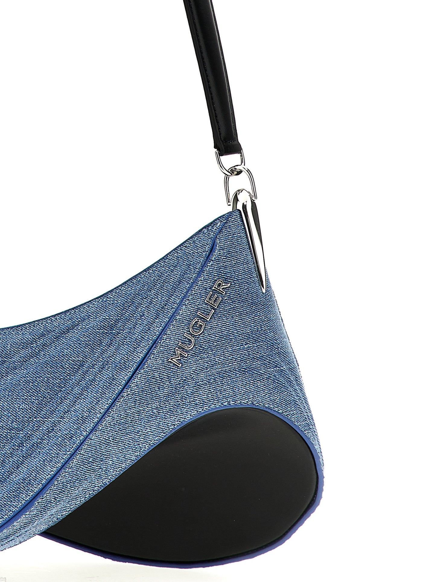 Medium Shoulder Bag by Mugler for women in calfskin leather blue features an effortlessly chic silhouette with a secure zipper, ample , and versatile shoulder-strap, adjustable-strap & handle for effortlessly chic everyday luxury.