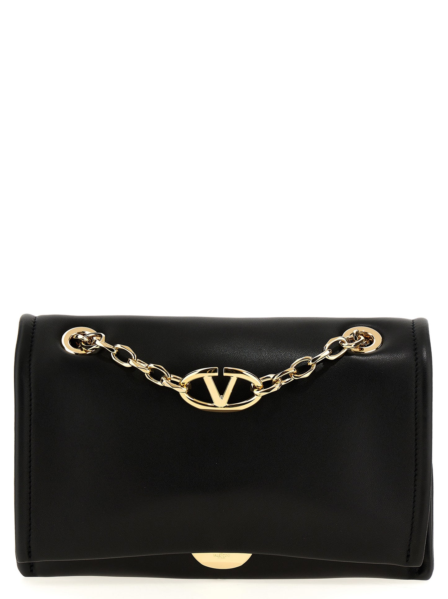 Shoulder Flap Bag by Valentino Garavani for women in lamb leather black showcases a statuesque silhouette, artfully detailed with a secure flap & magnetic, organized , and versatile shoulder-strap & handle for a statuesque look.