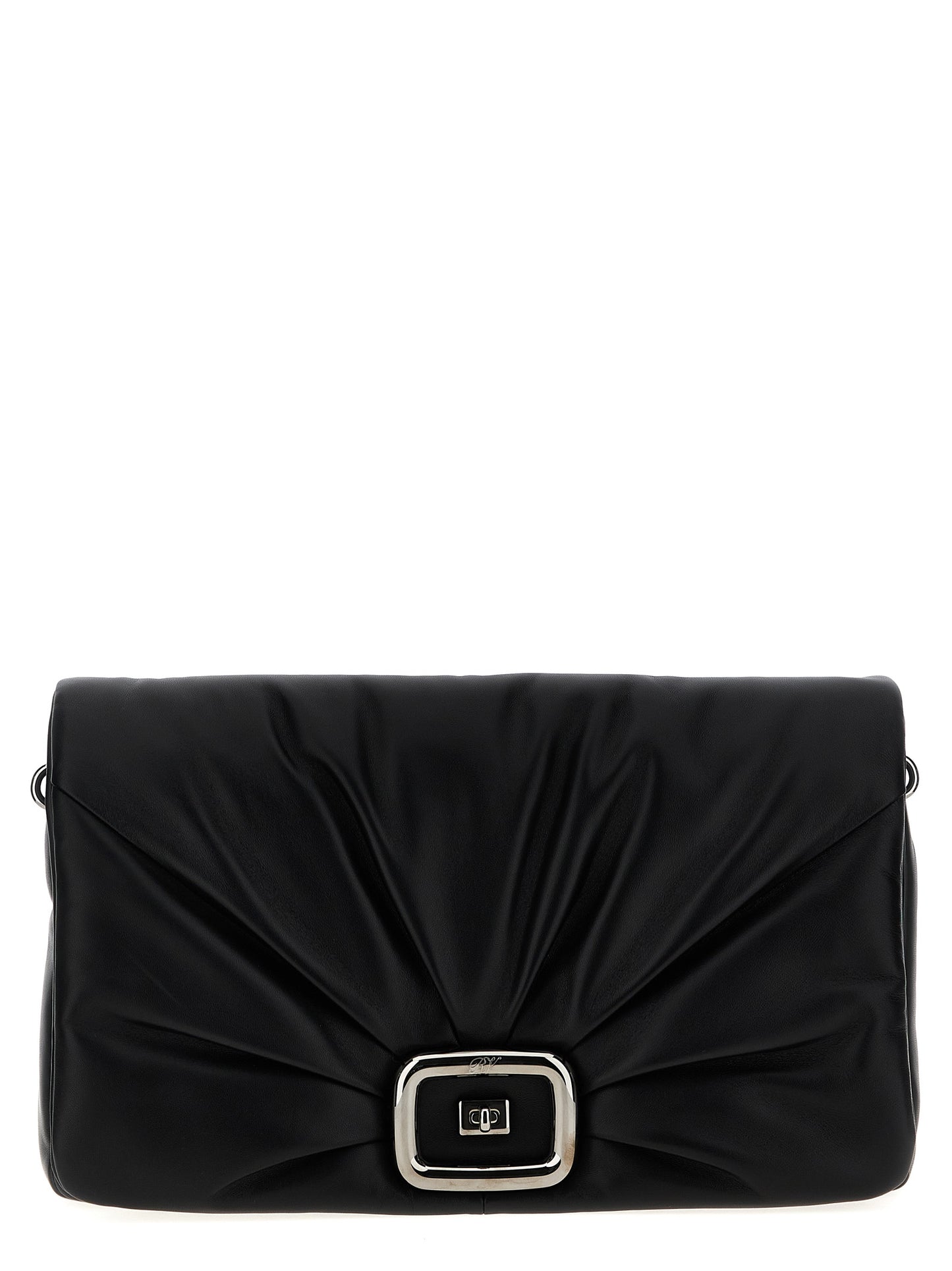 Large Shoulder Flap Bag by Roger Vivier for women in leather & metal black presents a statuesque silhouette, showcasing a secure flap, magnetic & buckle and statuesque with versatile shoulder-strap, adjustable-strap & handle for a sophisticated look.