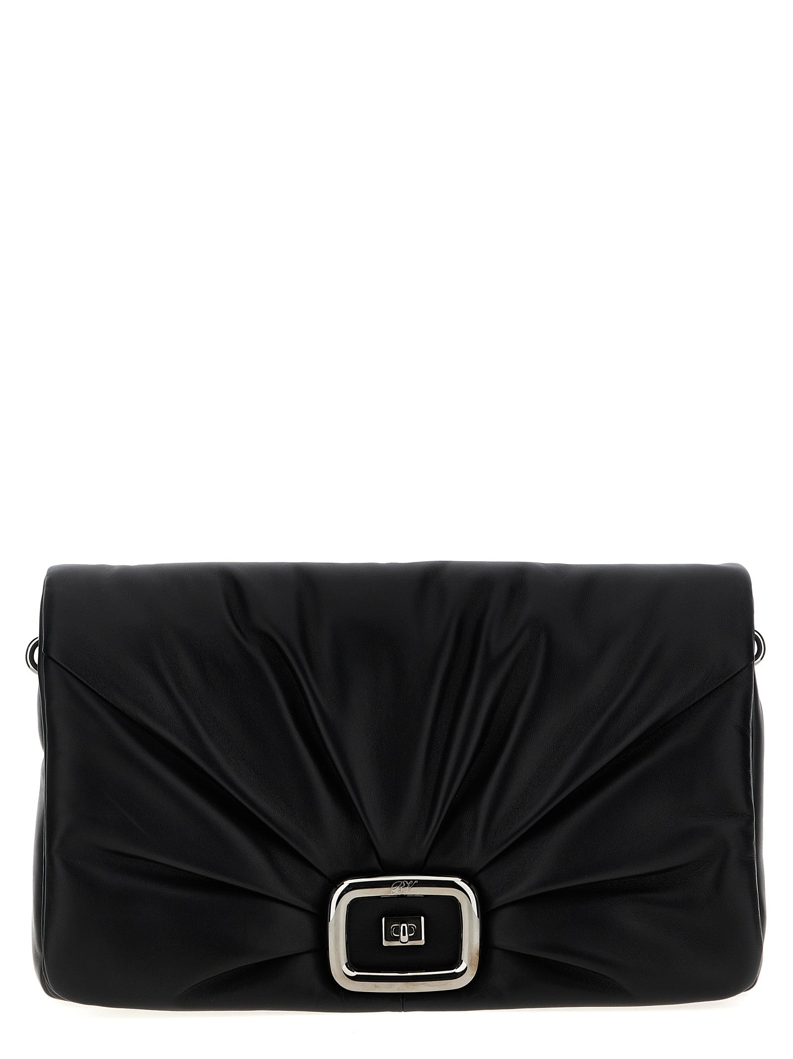 Large Shoulder Flap Bag by Roger Vivier for women in leather & metal black presents a statuesque silhouette, showcasing a secure flap, magnetic & buckle and statuesque with versatile shoulder-strap, adjustable-strap & handle for a sophisticated look.