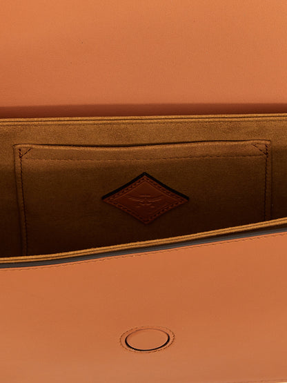 Crossbody Flap Handbag by MCM for women in calfskin leather brown features a transformative elegance silhouette, showcasing a secure flap & magnetic, organized , and versatile crossbody-strap, shoulder-strap & adjustable-strap for a transformative elegance look.