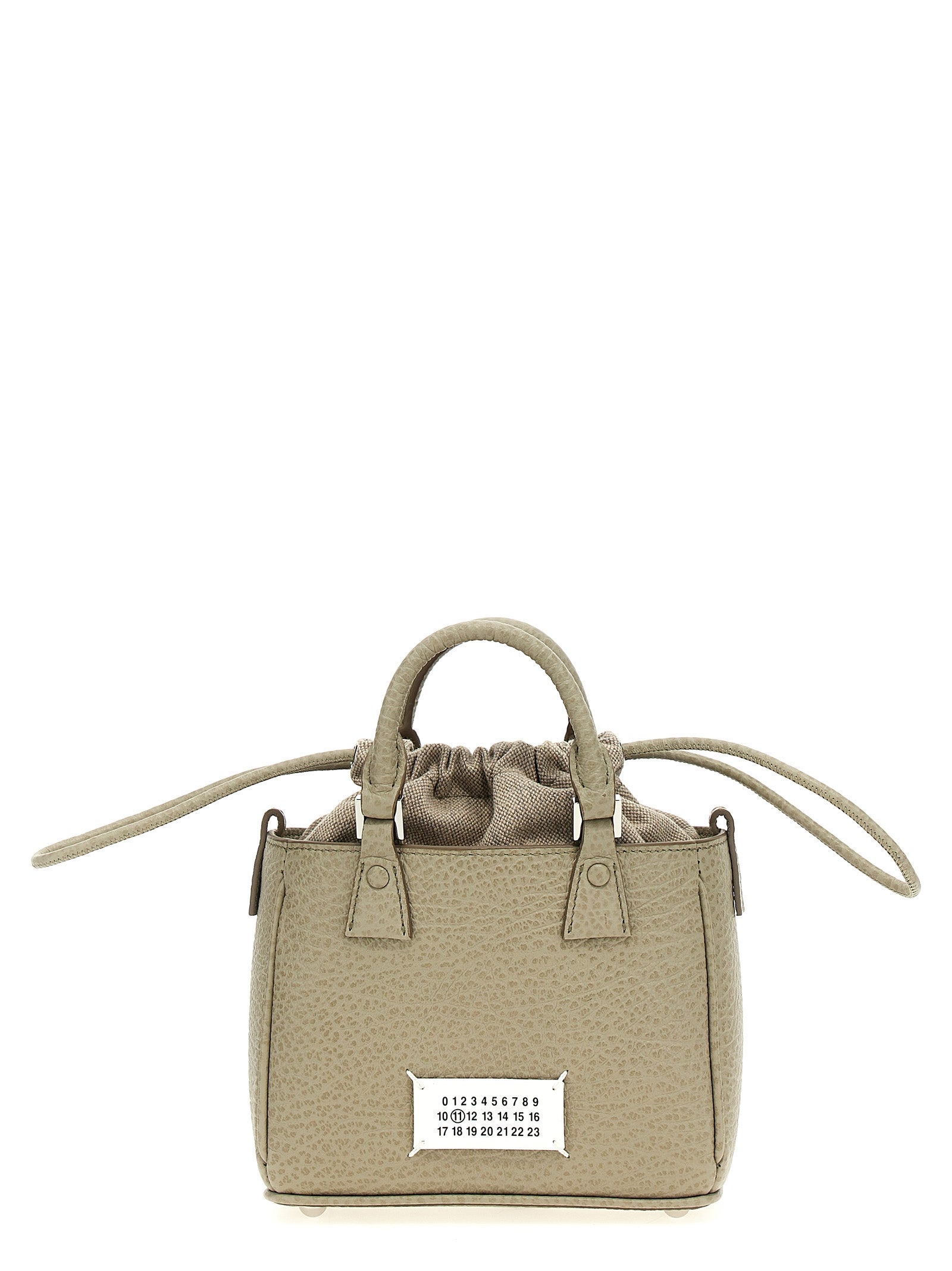 Drawstring Tote Handbag by Maison Margiela for women in calfskin leather gray presents a ornamental silhouette, showcasing a secure drawstring, ample , and versatile shoulder-strap & handle for a ornamental finish.