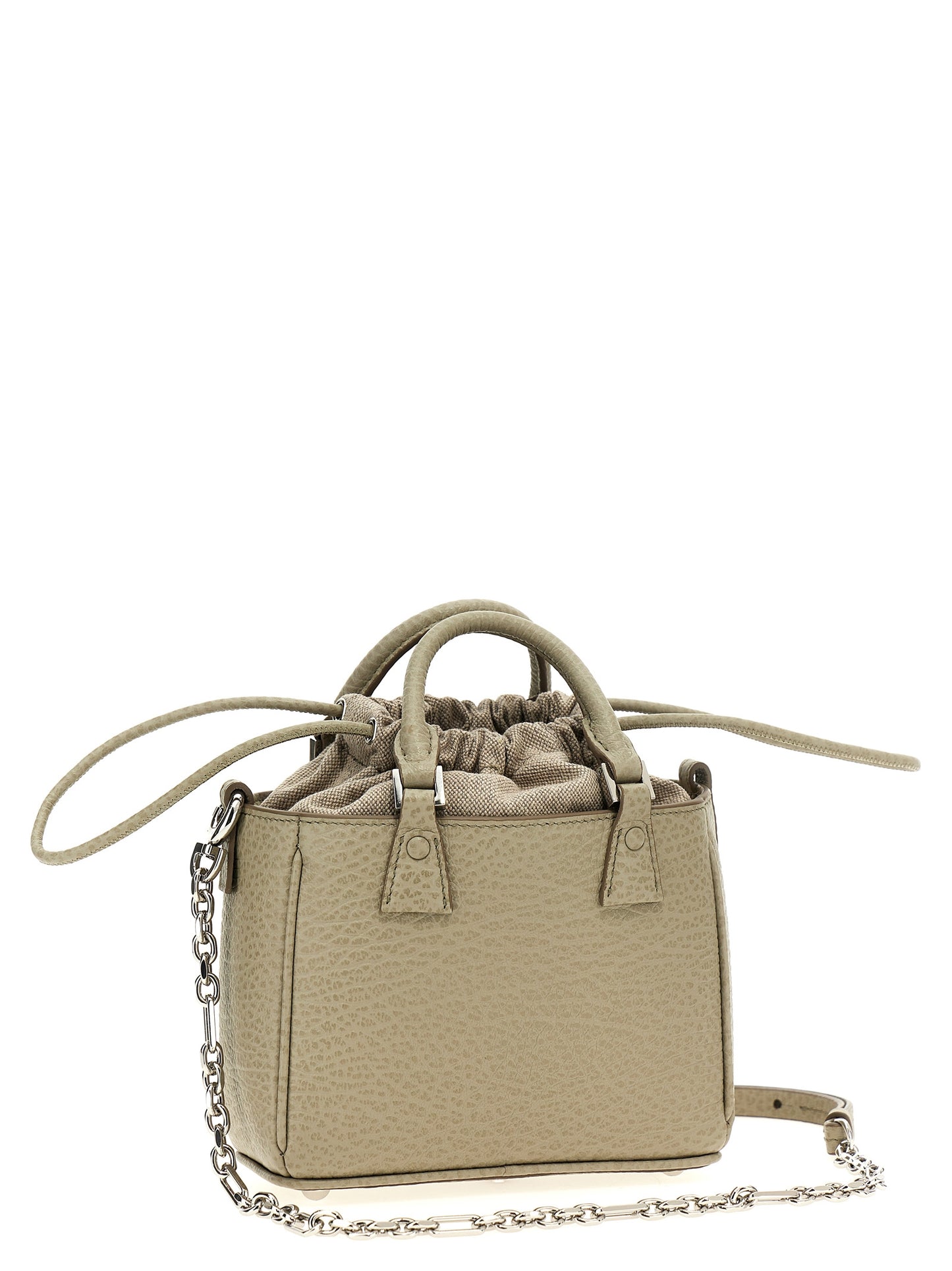 Drawstring Tote Handbag by Maison Margiela for women in calfskin leather gray features a ornamental silhouette, showcasing a secure drawstring, ample , and ornamental shoulder-strap & handle for a sophisticated look.