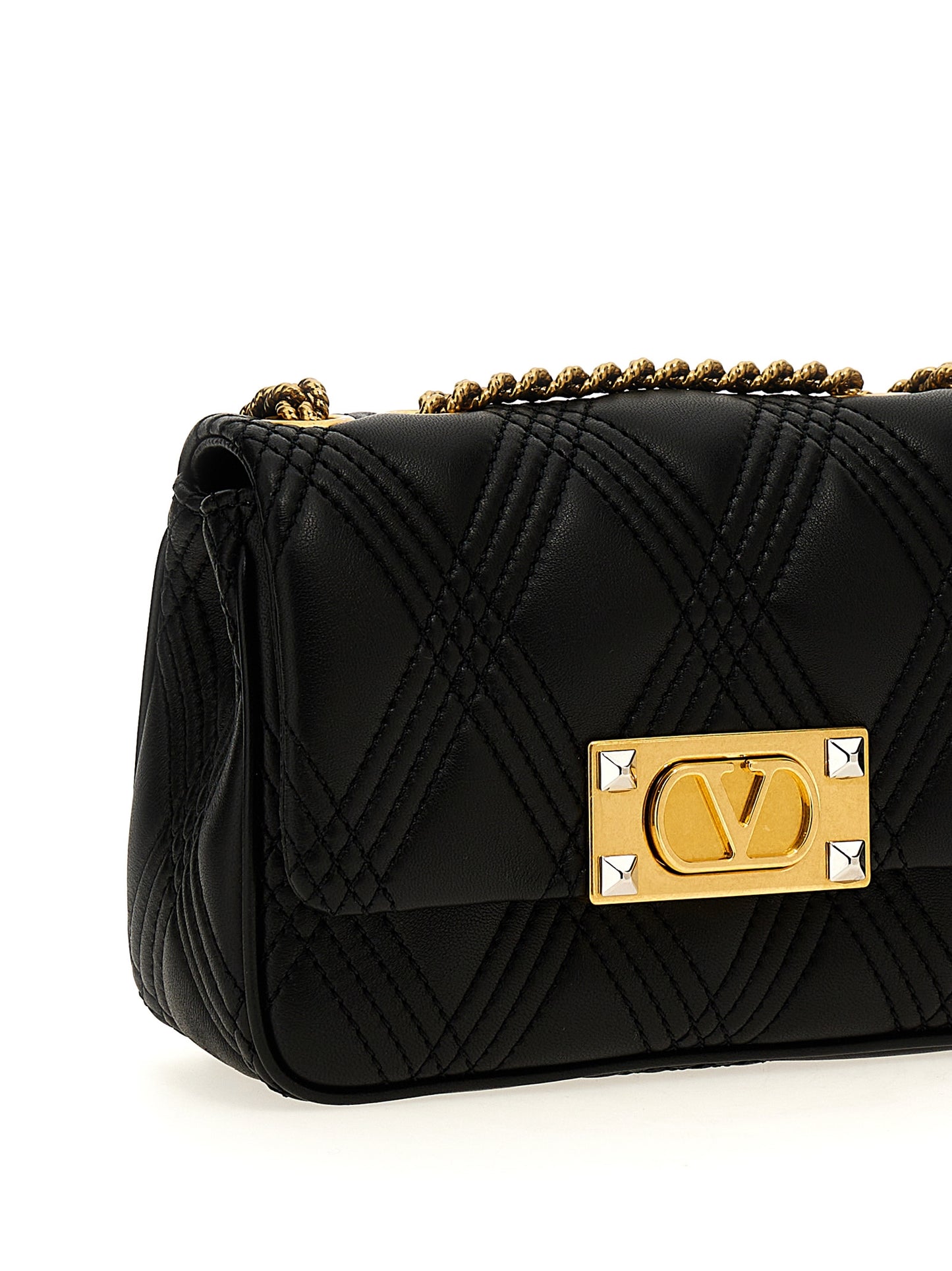 Quilted Shoulder Bag by Valentino Garavani for women in lamb leather black & signature showcases a statuesque silhouette, artfully detailed with a secure , organized , and versatile shoulder-strap for a statuesque look.