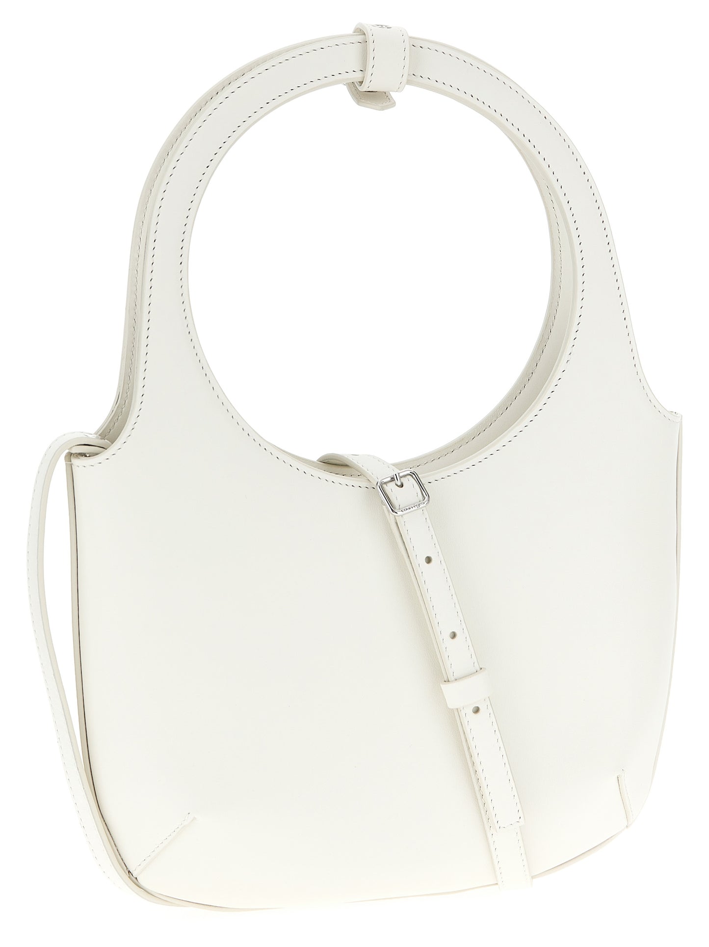 Handbag by Courrèges for women in bos taurus suede calf leather white features a signature silhouette, showcasing a secure magnetic and signature with versatile shoulder-strap, adjustable-strap & handle for a sophisticated look.