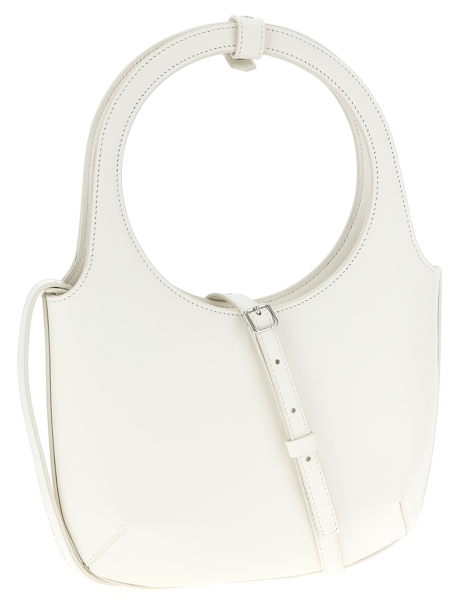 Handbag by Courrèges for women in bos taurus suede calf leather white features a signature silhouette, showcasing a secure magnetic and signature with versatile shoulder-strap, adjustable-strap & handle for a sophisticated look.