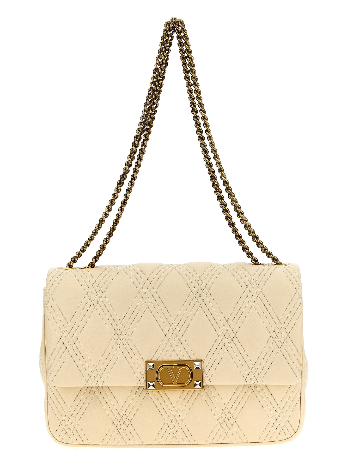 Quilted Shoulder Flap Bag by Valentino Garavani for women in lamb leather white & signature features an effortlessly chic silhouette with a secure flap, ample , and versatile shoulder-strap for effortlessly chic everyday luxury.