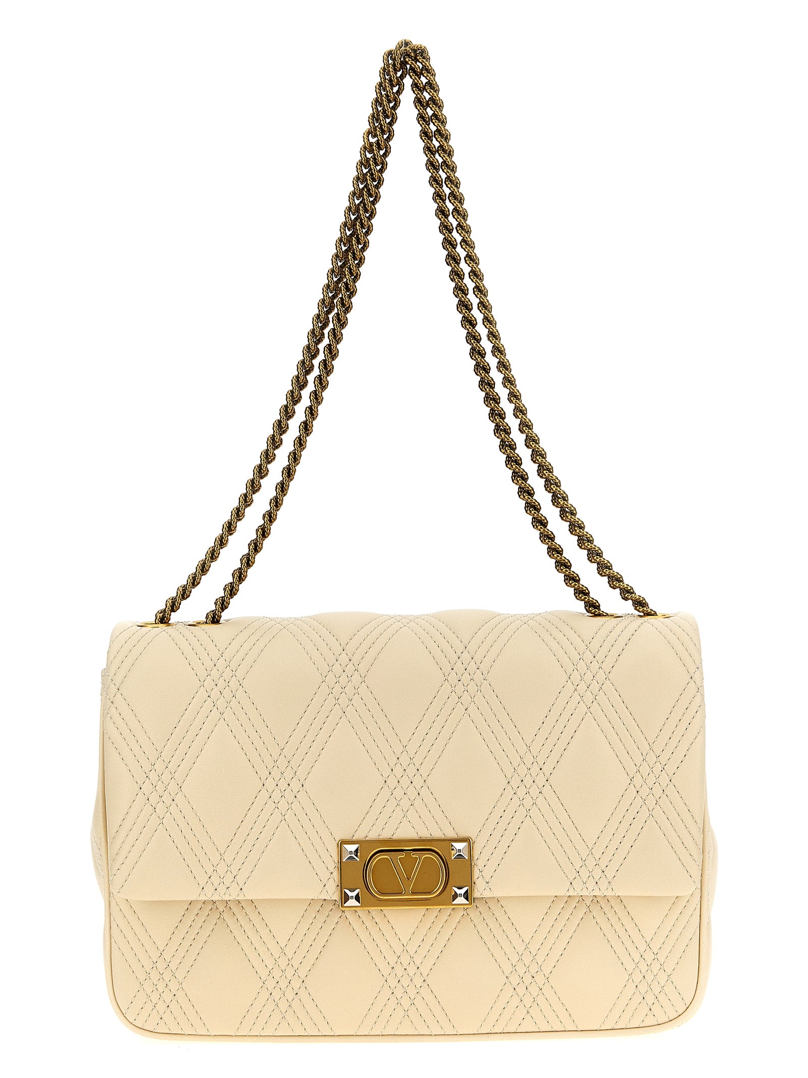 Quilted Shoulder Flap Bag by Valentino Garavani for women in lamb leather white & signature features an effortlessly chic silhouette with a secure flap, ample , and versatile shoulder-strap for effortlessly chic everyday luxury.