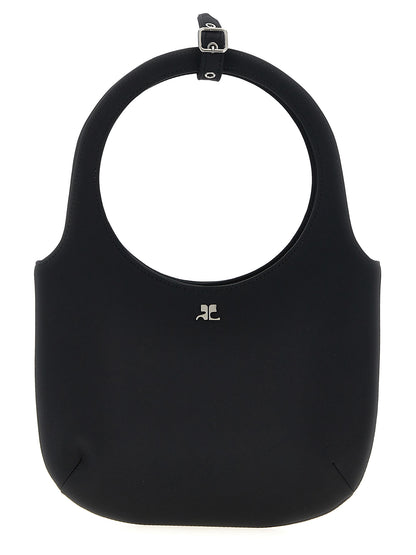 Handbag by Courrèges for women in stretch viscose black features a signature silhouette, showcasing a secure magnetic and signature with versatile shoulder-strap, adjustable-strap & handle for a sophisticated look.