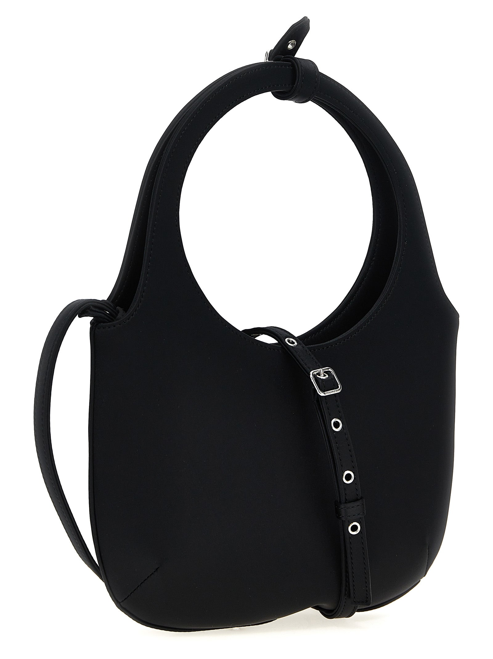Handbag by Courrèges for women in stretch viscose black presents a ornamental silhouette, showcasing a secure magnetic, ample , and versatile shoulder-strap, adjustable-strap & handle for a ornamental finish.