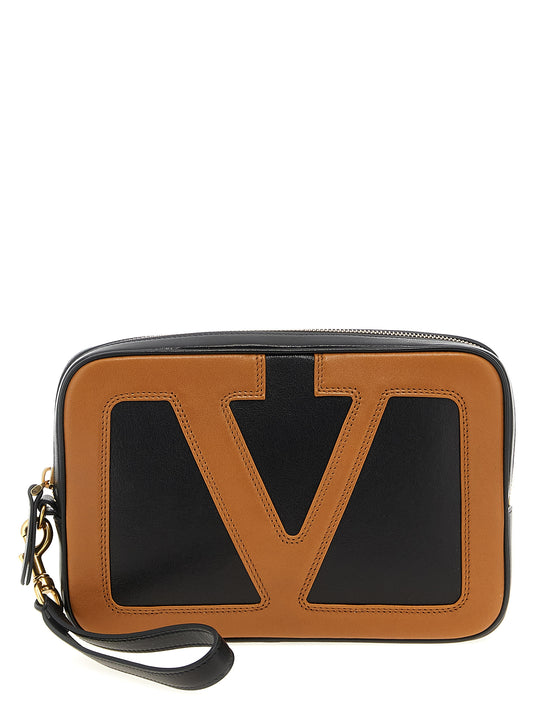 Pouch Clutch Handbag by Valentino Garavani for unisex in polyester multicolor & signature showcases a sculptural silhouette, featuring a secure snap, zipper & hook, ample , and versatile wristlet & handle for a sculptural finish.