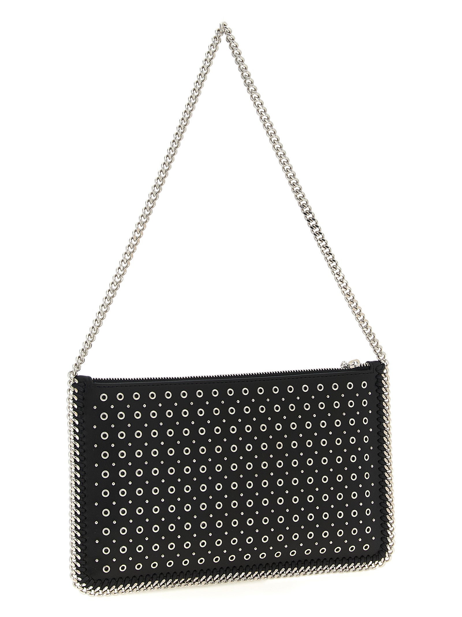 Shoulder Bag by Stella McCartney for women in polyurethane leather black & signature features a statuesque silhouette, showcasing a secure zipper and statuesque with versatile shoulder-strap & handle for a statuesque finish.