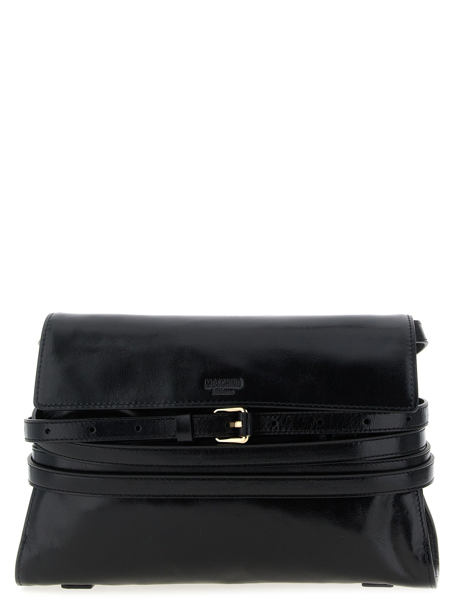 Crossbody Flap Handbag by Moschino for women in leather black features a multifaceted silhouette, showcasing a secure flap & magnetic and multifaceted with versatile crossbody-strap, shoulder-strap, adjustable-strap & belt-strap for multifaceted style.