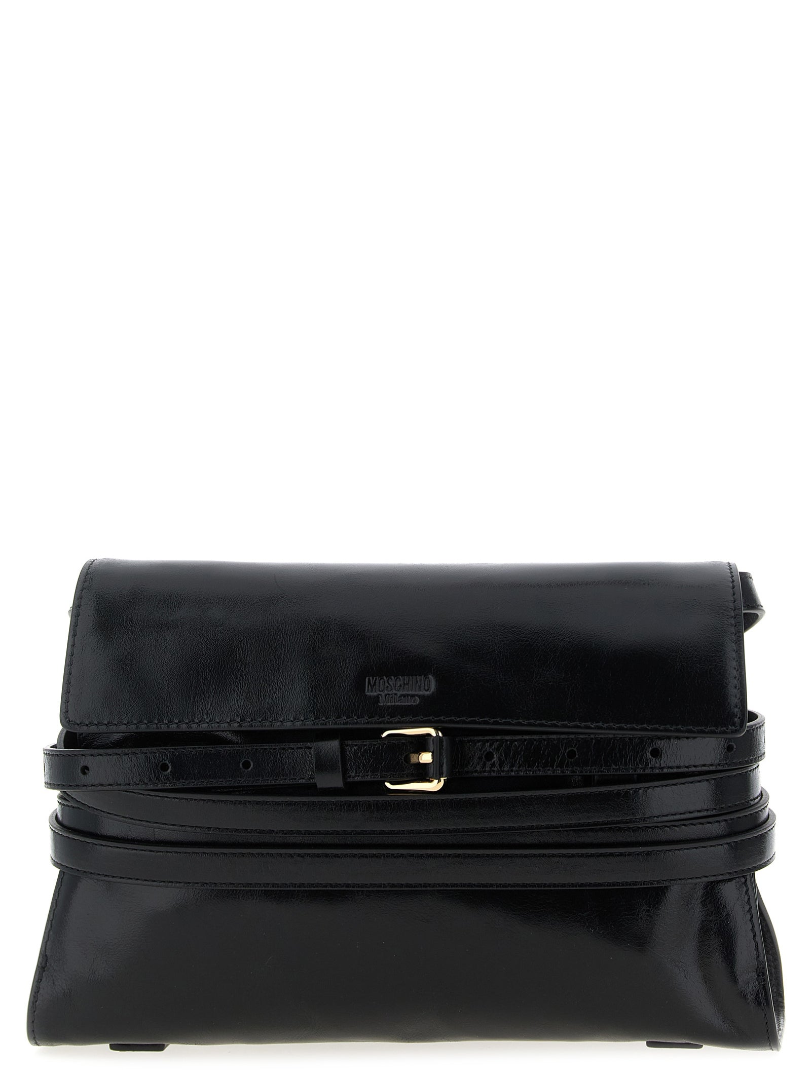 Crossbody Flap Handbag by Moschino for women in leather black features a multifaceted silhouette, showcasing a secure flap & magnetic and multifaceted with versatile crossbody-strap, shoulder-strap, adjustable-strap & belt-strap for multifaceted style.