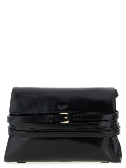 Crossbody Flap Handbag by Moschino for women in leather black features a multifaceted silhouette, showcasing a secure flap & magnetic and multifaceted with versatile crossbody-strap, shoulder-strap, adjustable-strap & belt-strap for multifaceted style.