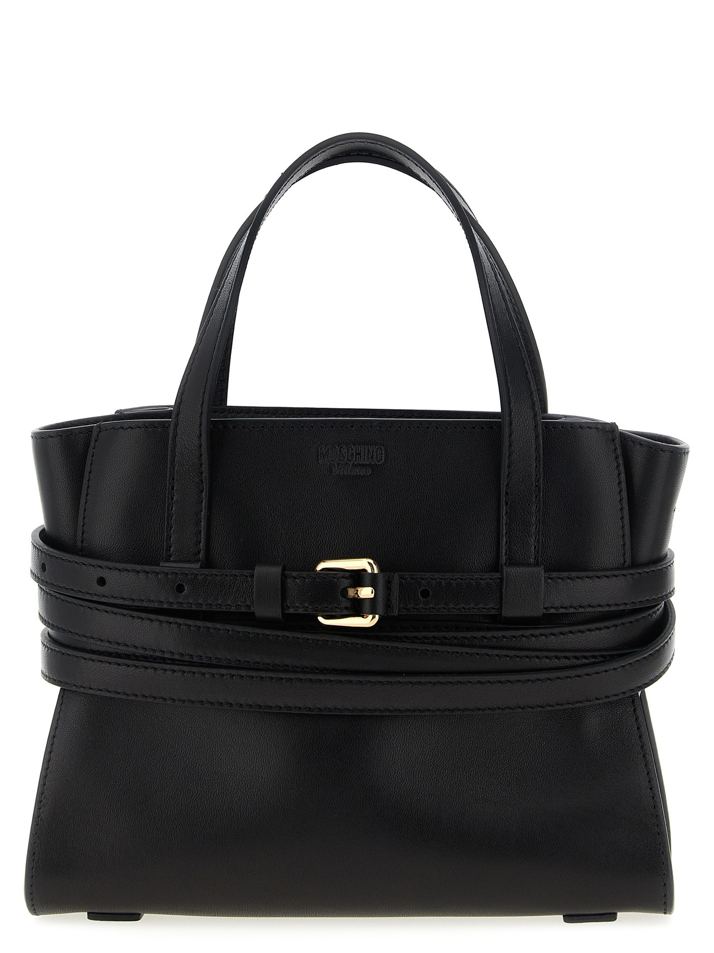 Small Handbag by Moschino for women in polyester leather black features an refined silhouette, showcasing a secure zipper, ample , and versatile shoulder-strap, adjustable-strap, belt-strap & handle for a sophisticated refined aesthetic.