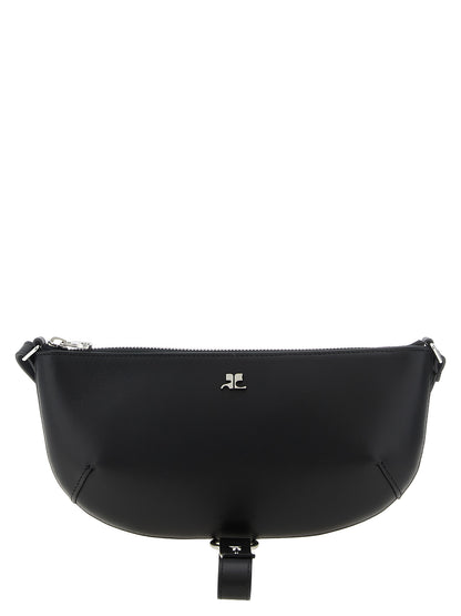 Shoulder Bag by Courrèges for women in calfskin leather black showcases a statuesque silhouette, artfully detailed with a secure zipper, organized , and versatile shoulder-strap, adjustable-strap & handle for a statuesque look.