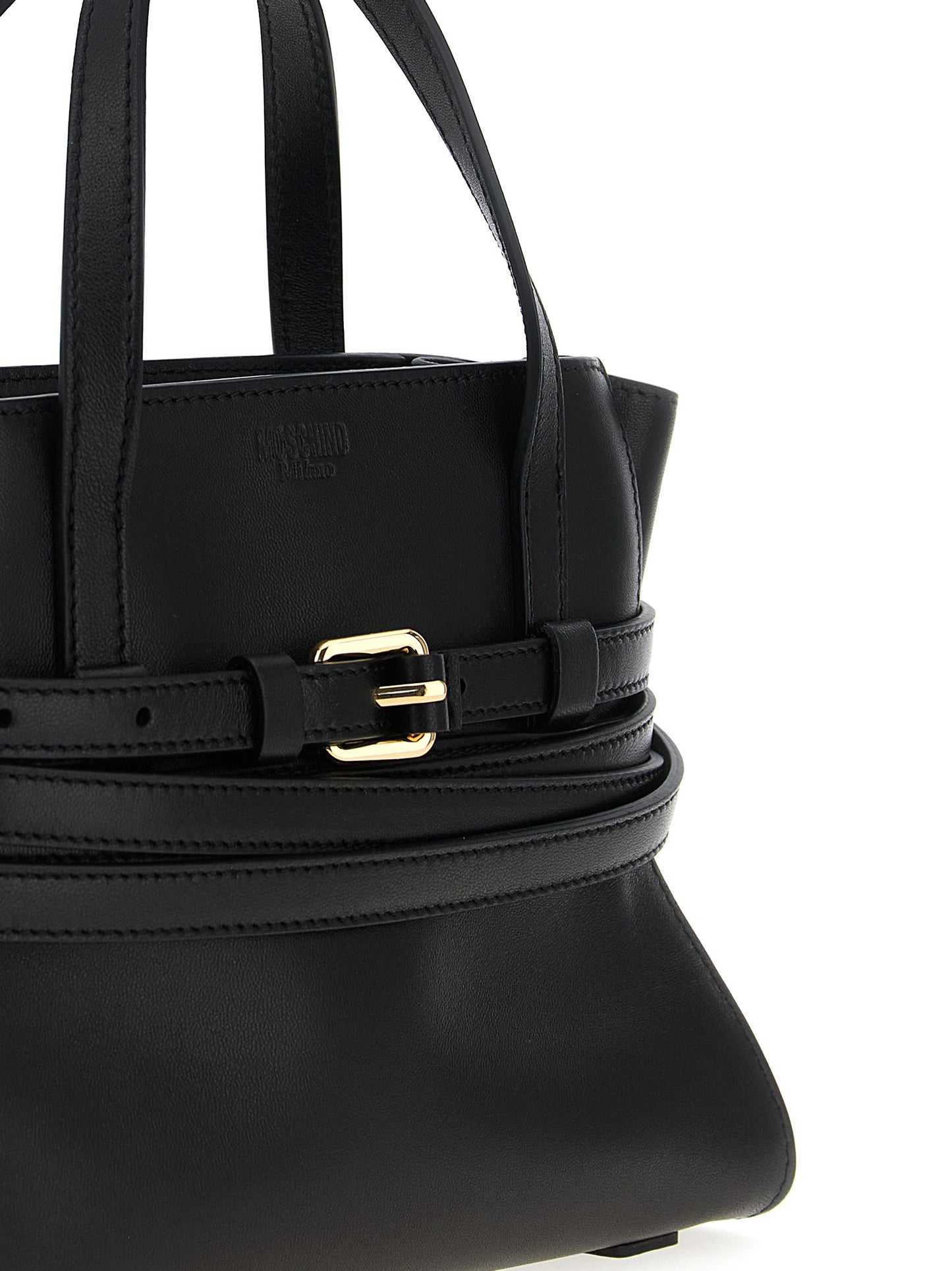 This Small Handbag by Moschino for women in polyester leather and black presents a sculptural silhouette featuring a secure zipper, ample , and versatile shoulder-strap, adjustable-strap, belt-strap & handle for a sculptural finish.