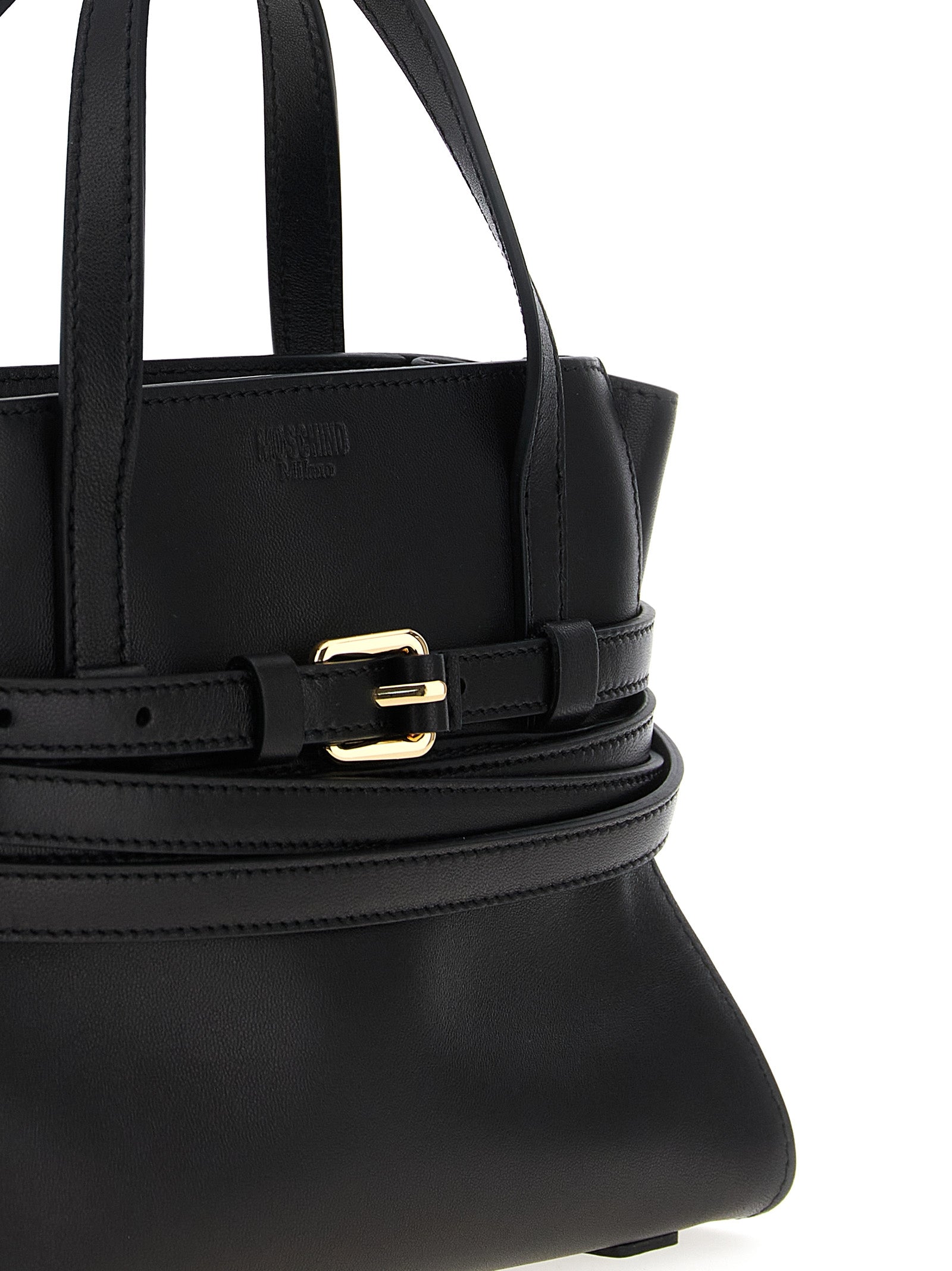 This Small Handbag by Moschino for women in polyester leather and black presents a sculptural silhouette featuring a secure zipper, ample , and versatile shoulder-strap, adjustable-strap, belt-strap & handle for a sculptural finish.