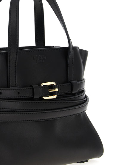 This Small Handbag by Moschino for women in polyester leather and black presents a sculptural silhouette featuring a secure zipper, ample , and versatile shoulder-strap, adjustable-strap, belt-strap & handle for a sculptural finish.