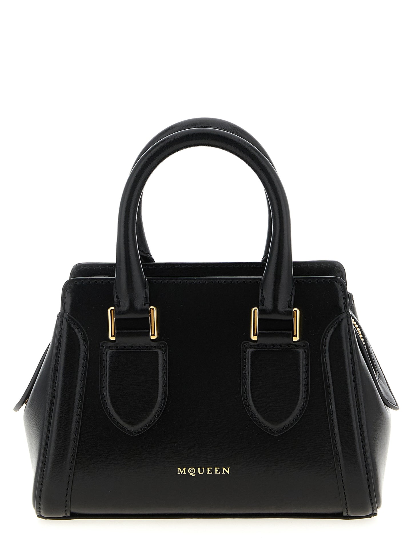 This Mini Crossbody Handbag by Alexander McQueen for women in calfskin leather and black presents a sculptural silhouette featuring a secure zipper, ample , and versatile crossbody-strap, shoulder-strap, adjustable-strap & handle for a sculptural finish.