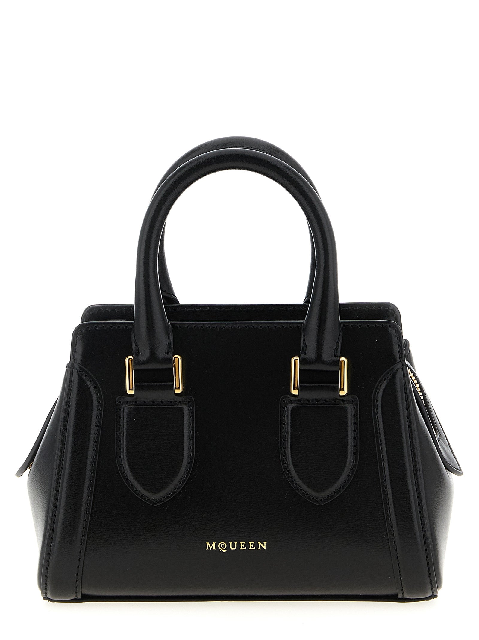 This Mini Crossbody Handbag by Alexander McQueen for women in calfskin leather and black presents a sculptural silhouette featuring a secure zipper, ample , and versatile crossbody-strap, shoulder-strap, adjustable-strap & handle for a sculptural finish.