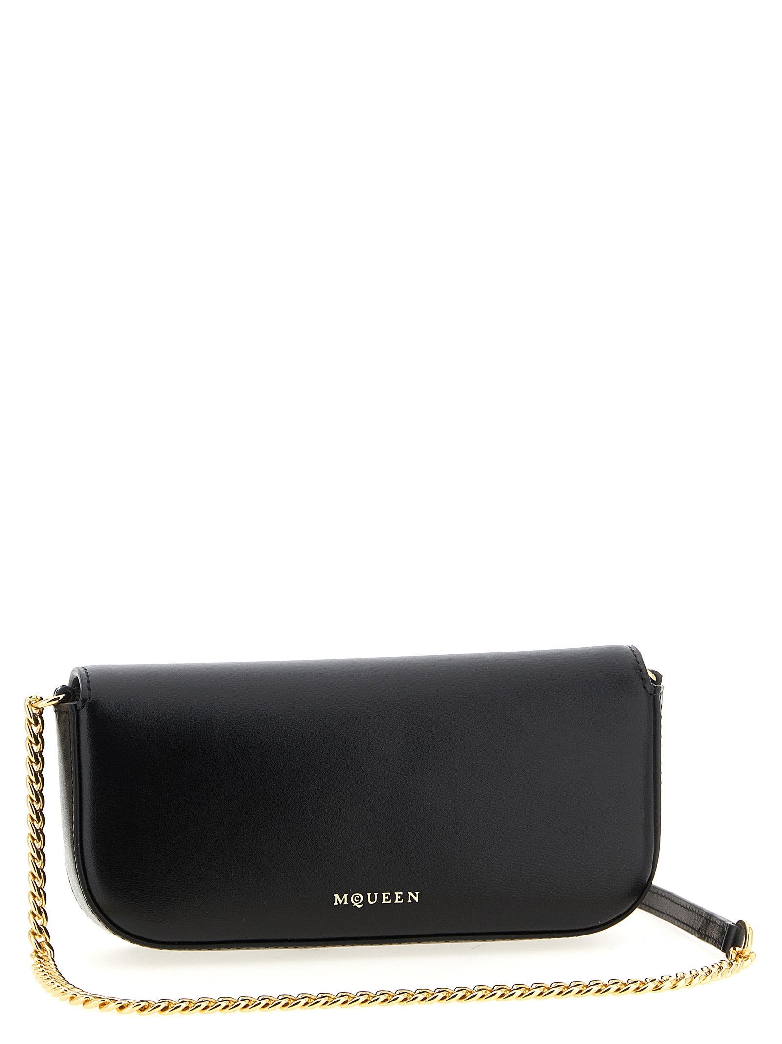 Small Crossbody East West Flap Handbag by Alexander McQueen for women in calfskin leather black & signature features a multifaceted silhouette, showcasing a secure flap & magnetic and multifaceted with versatile crossbody-strap & shoulder-strap for multifaceted style.