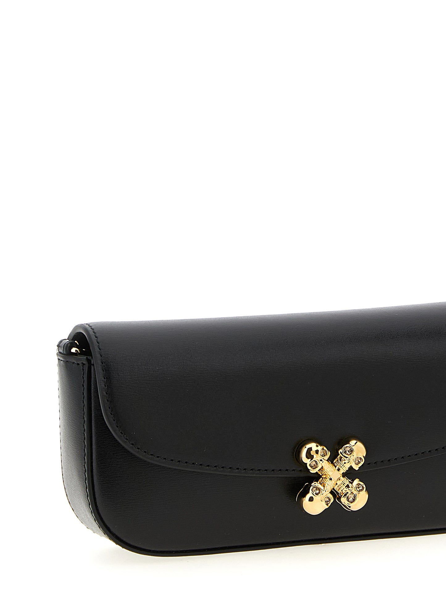 Small Crossbody East West Flap Handbag by Alexander McQueen for women in calfskin leather black & signature features an versatile silhouette, showcasing a secure flap & magnetic and versatile with versatile crossbody-strap & shoulder-strap for a versatile finish.