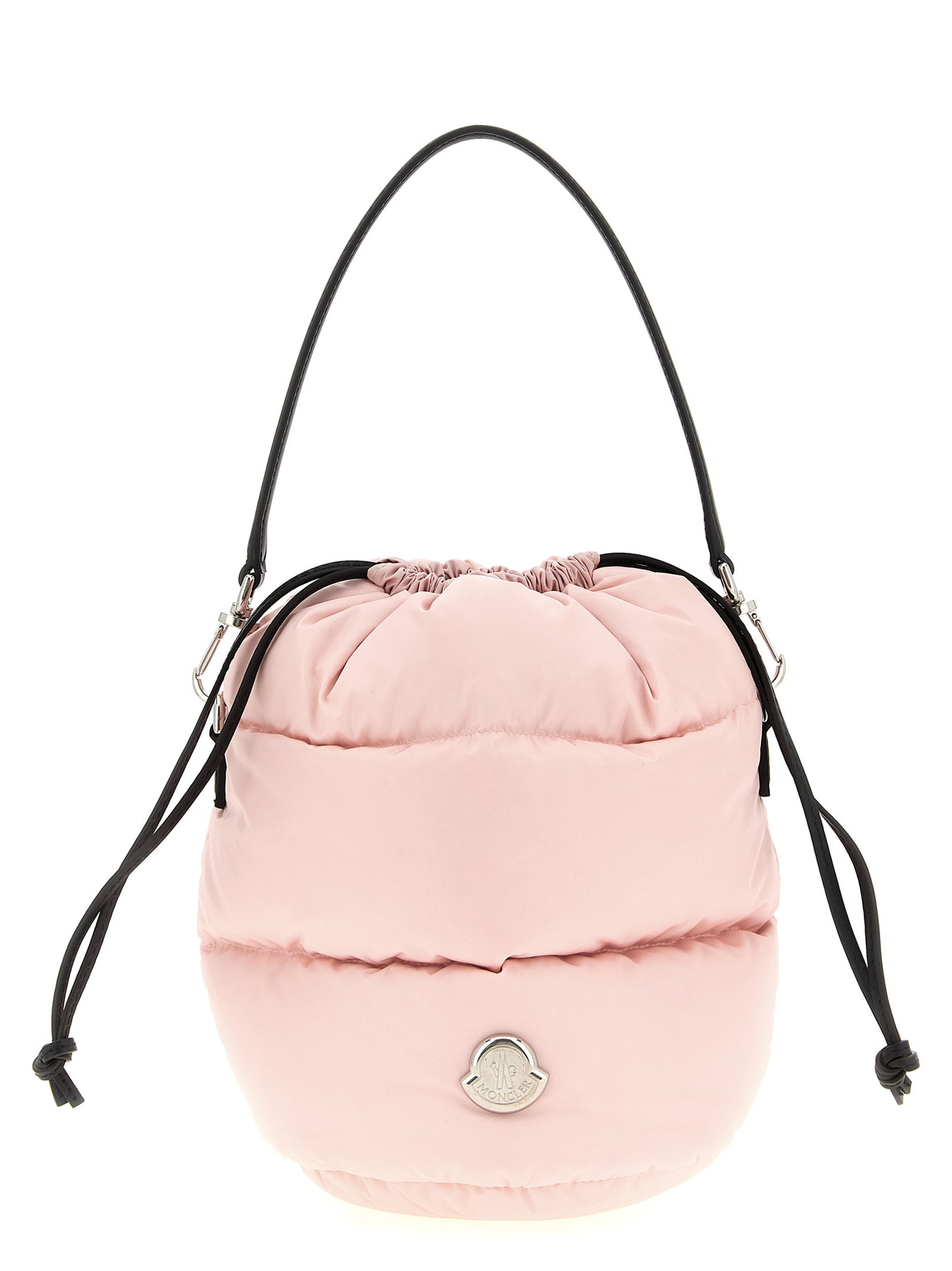 Quilted Bucket Handbag by Moncler for women in leather multicolor, pink & silver features a refined silhouette, showcasing a secure drawstring, organized , and versatile shoulder-strap, adjustable-strap & handle for a refined finish.