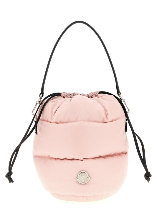 Quilted Bucket Handbag by Moncler for women in leather multicolor, pink & silver features a refined silhouette, showcasing a secure drawstring, organized , and versatile shoulder-strap, adjustable-strap & handle for a refined finish.