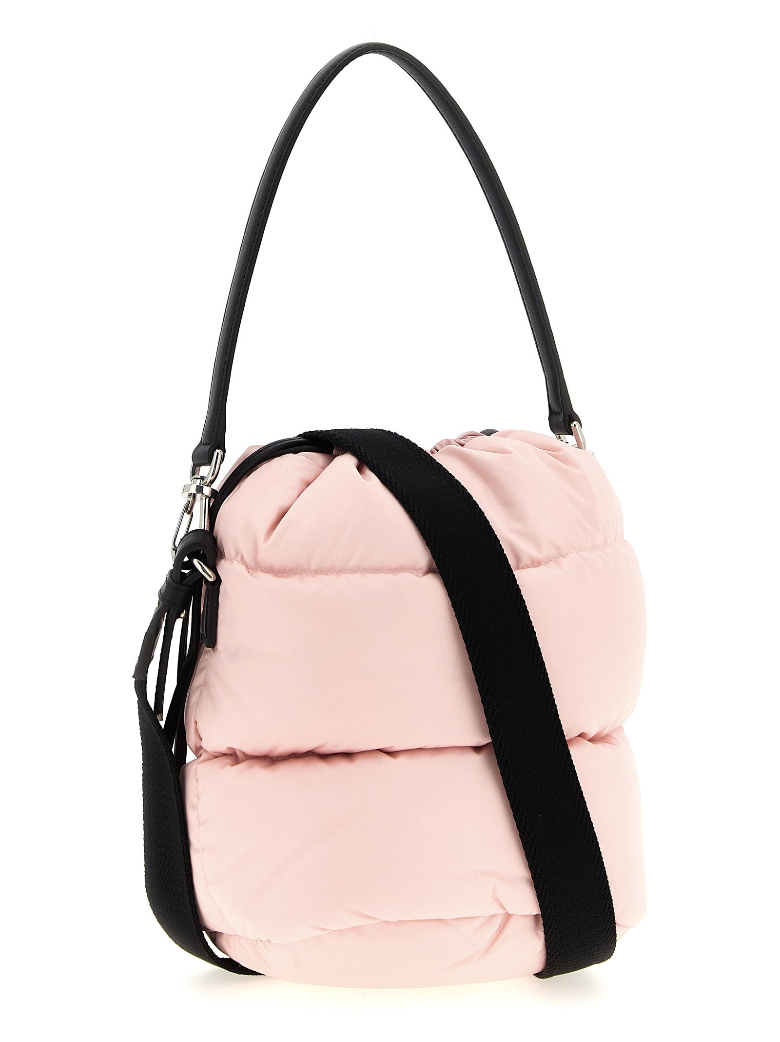 Quilted Bucket Handbag by Moncler for women in leather multicolor, pink & silver features a refined silhouette, showcasing a secure drawstring, organized , and versatile shoulder-strap, adjustable-strap & handle for a refined finish.