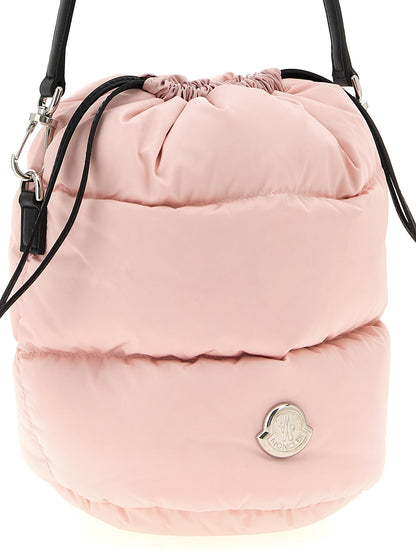Quilted Bucket Handbag by Moncler for women in leather multicolor, pink & silver features a exquisite silhouette, showcasing a secure drawstring and exquisite with versatile shoulder-strap, adjustable-strap & handle for a exquisite finish.