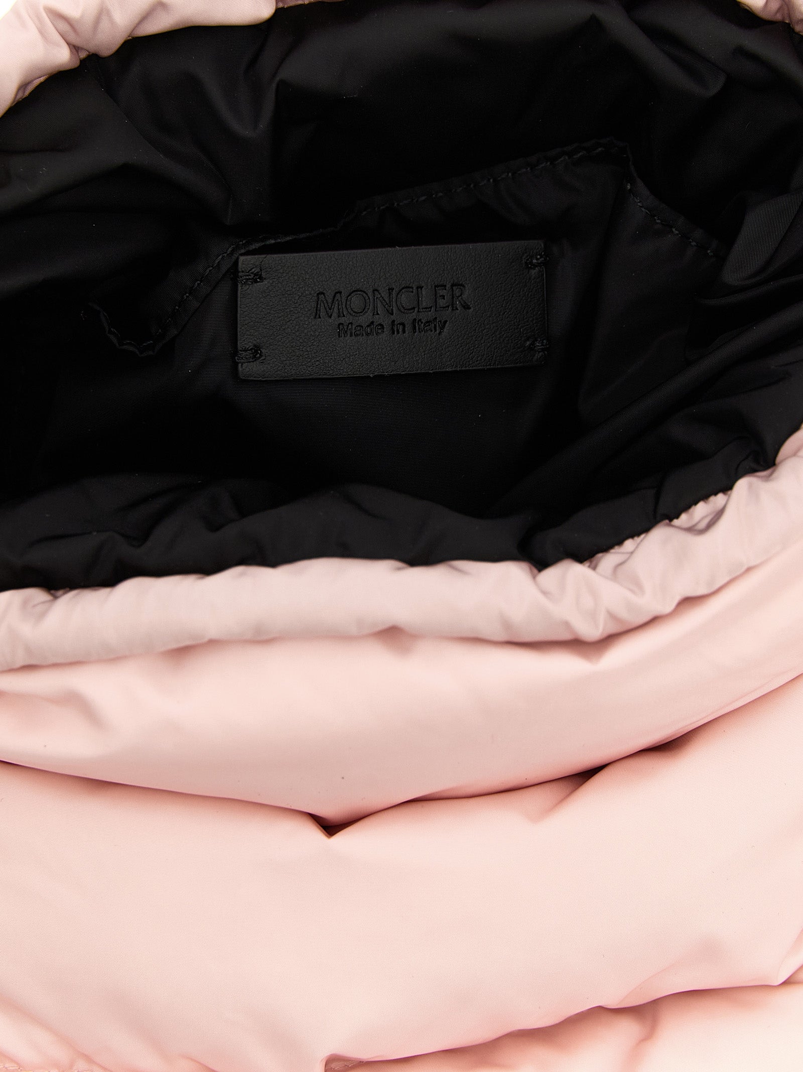 Quilted Bucket Handbag by Moncler for women in leather multicolor, pink & silver presents a ornamental silhouette, showcasing a secure drawstring, ample , and versatile shoulder-strap, adjustable-strap & handle for a ornamental finish.