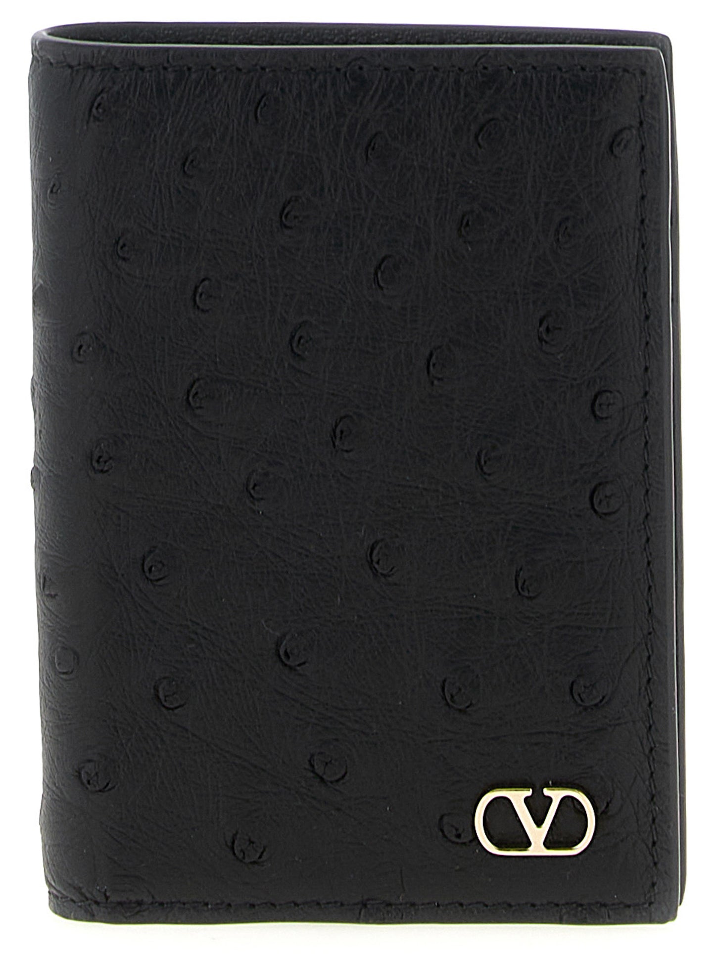 Cardholder Card Case by Valentino Garavani for men in ostrich leather black & signature features a distinguished silhouette, showcasing the distinguished design of the V Logo Ostrich Leather Cardholder Card Case with refined card-organization.