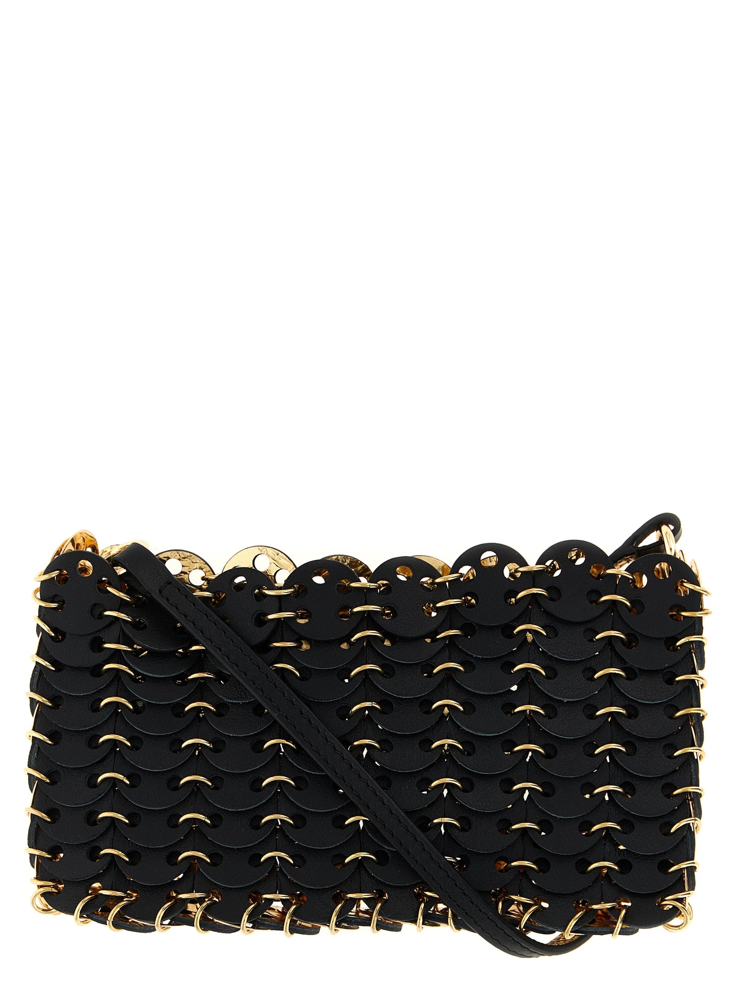 Crossbody Handbag by Paco Rabanne for women in bos taurus calf suede leather black features a transformative elegance silhouette, showcasing a secure magnetic, organized , and versatile crossbody-strap & shoulder-strap for a transformative elegance look.