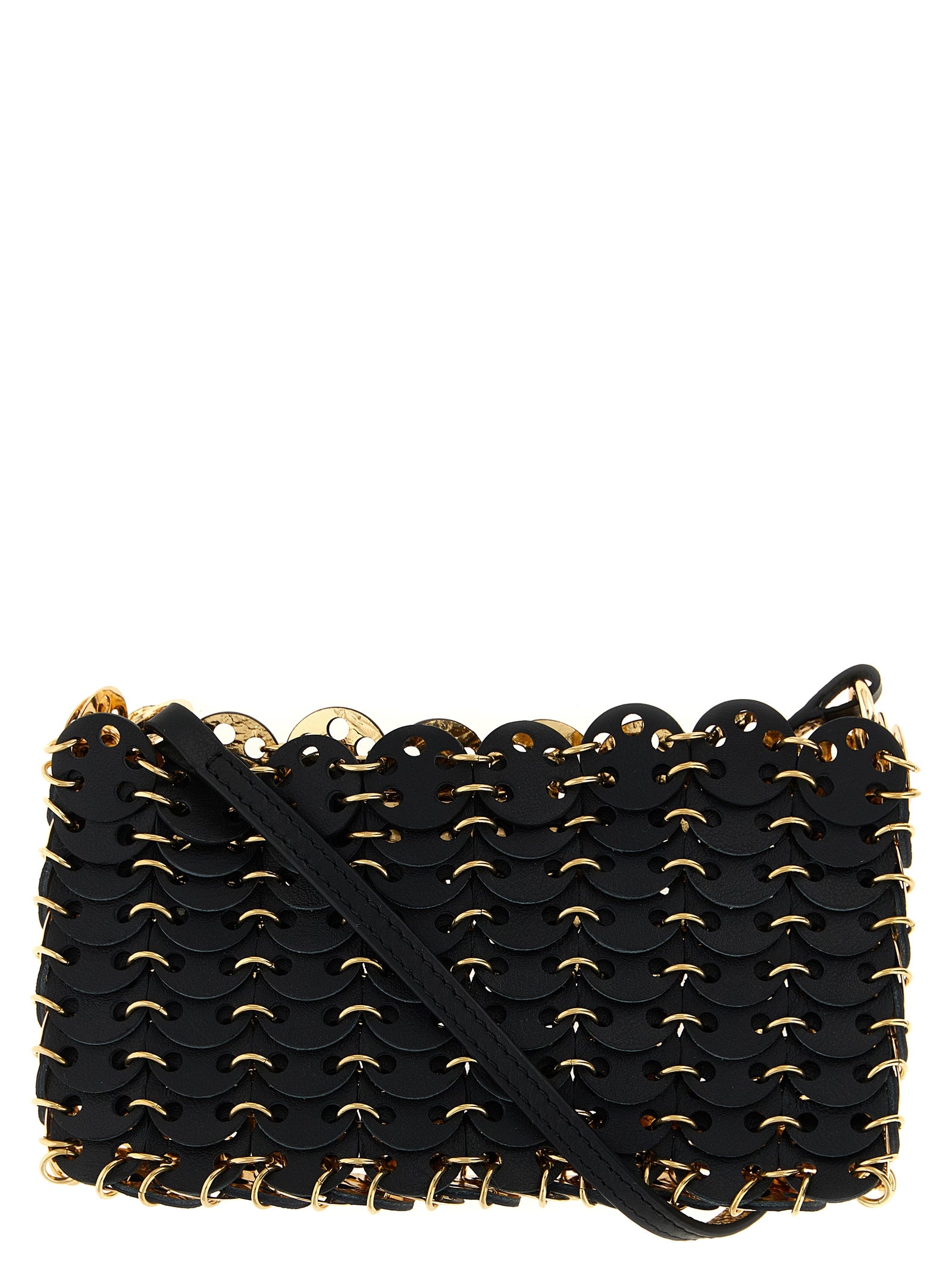 Crossbody Handbag by Paco Rabanne for women in bos taurus calf suede leather black features a transformative elegance silhouette, showcasing a secure magnetic, organized , and versatile crossbody-strap & shoulder-strap for a transformative elegance look.