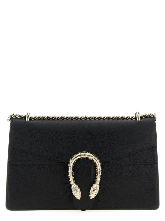 Medium Shoulder Flap Bag by Gucci for women in calfskin leather black showcases a statuesque silhouette, artfully detailed with a secure flap, organized , and versatile shoulder-strap for a statuesque look.