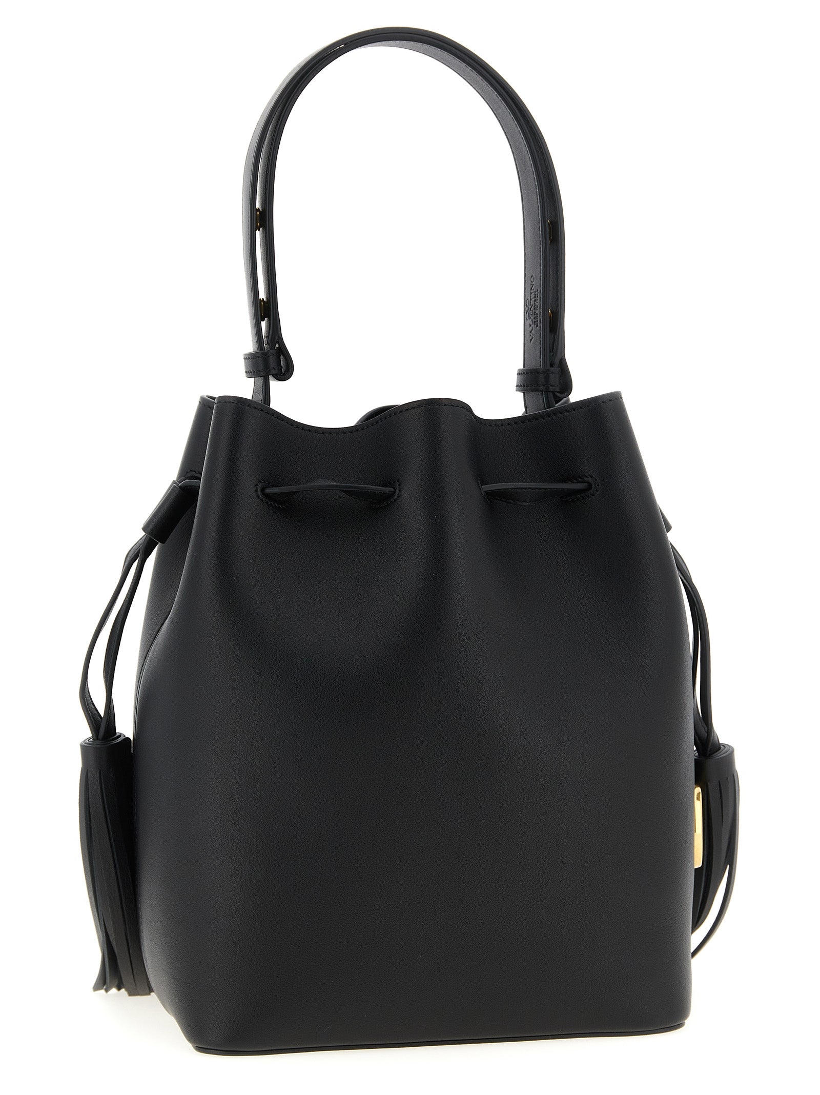 Shoulder Drawstring Bag by Valentino Garavani for women in calfskin leather black & signature features an effortlessly chic silhouette with a secure drawstring, ample , and versatile shoulder-strap, adjustable-strap & handle for effortlessly chic everyday luxury.