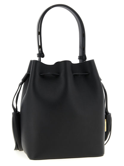 Shoulder Drawstring Bag by Valentino Garavani for women in calfskin leather black & signature features an effortlessly chic silhouette with a secure drawstring, ample , and versatile shoulder-strap, adjustable-strap & handle for effortlessly chic everyday luxury.