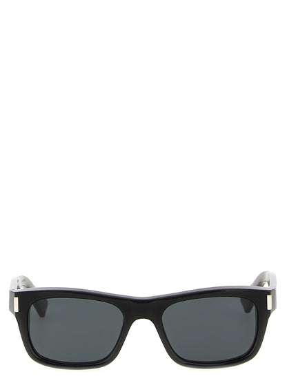 Sunglasses by Saint Laurent for men in silicone resin & acetate black features a contemporary silhouette, showcasing a contemporary in black coloured frame with high-performance .