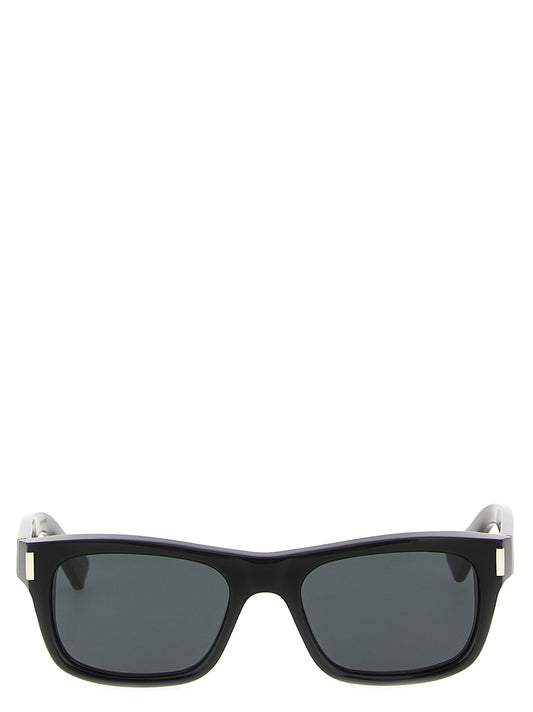 Sunglasses by Saint Laurent for men in silicone resin & acetate black features a contemporary silhouette, showcasing a contemporary in black coloured frame with high-performance .