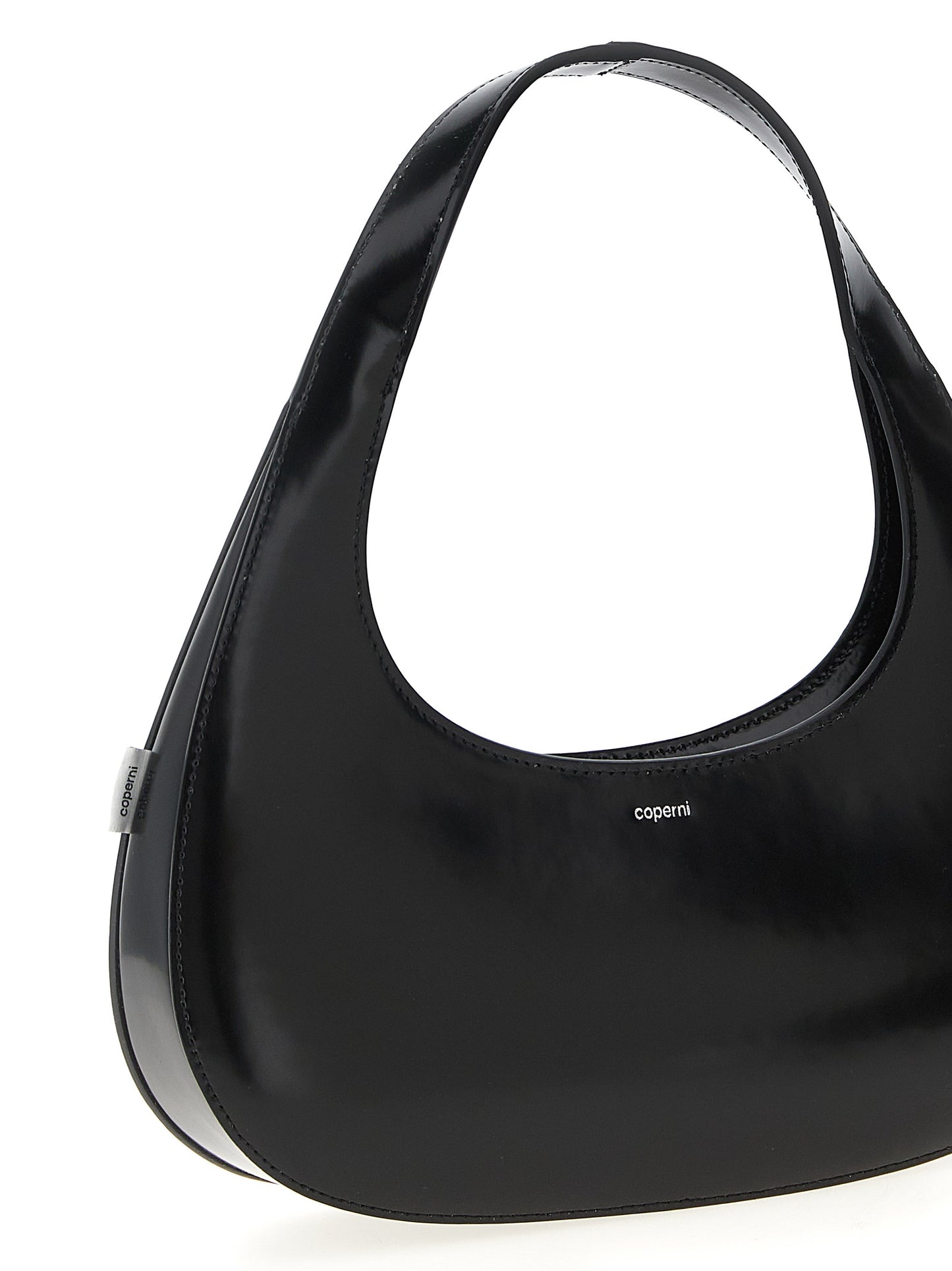 Handbag by Coperni for women in leather black features a signature silhouette, showcasing a secure zipper and signature with versatile handle for a sophisticated look.