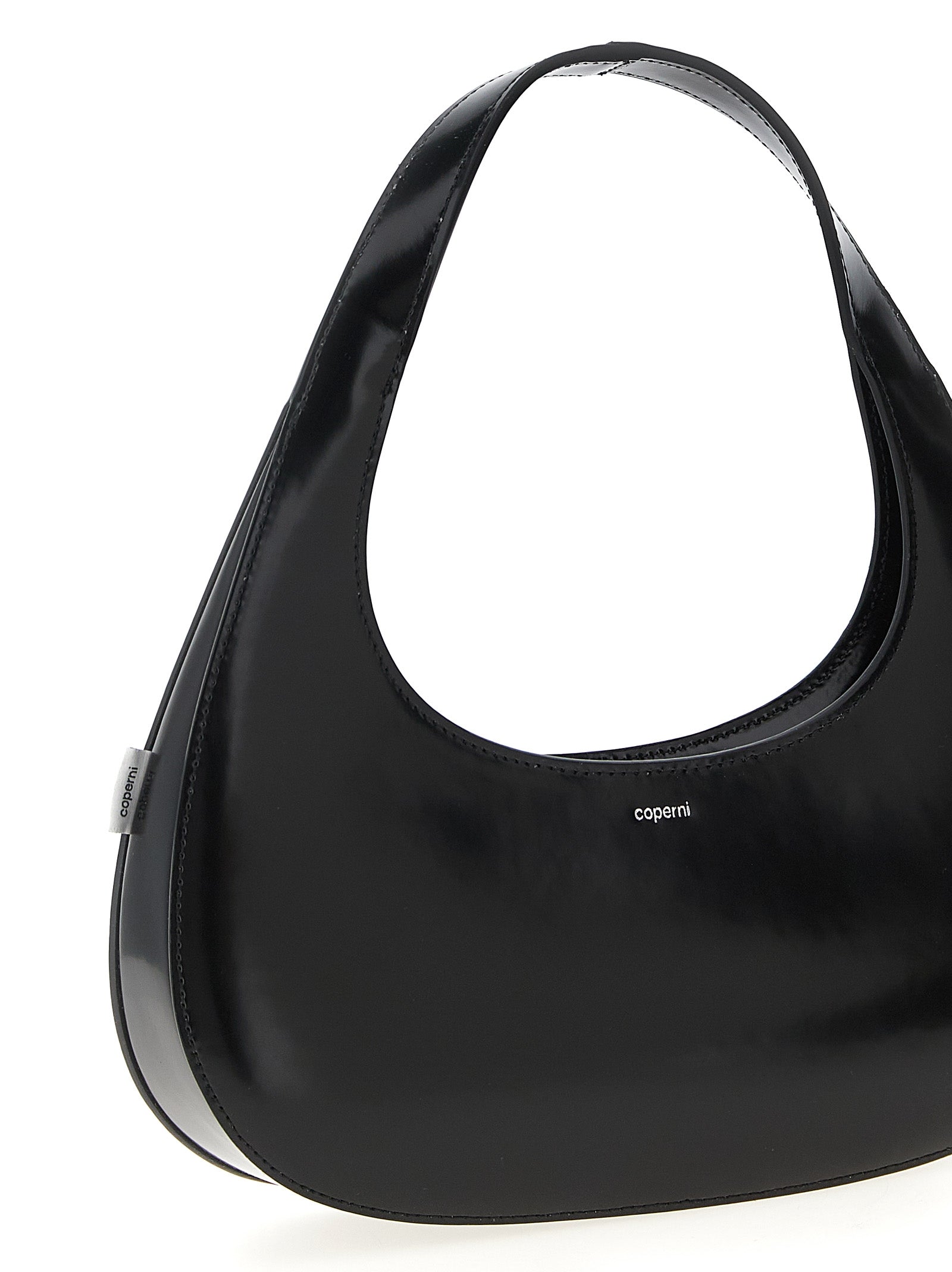 Handbag by Coperni for women in leather black features a signature silhouette, showcasing a secure zipper and signature with versatile handle for a sophisticated look.