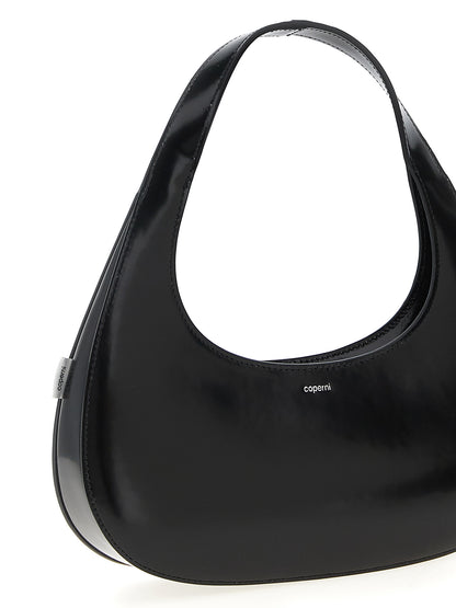 Handbag by Coperni for women in leather black features a signature silhouette, showcasing a secure zipper and signature with versatile handle for a sophisticated look.