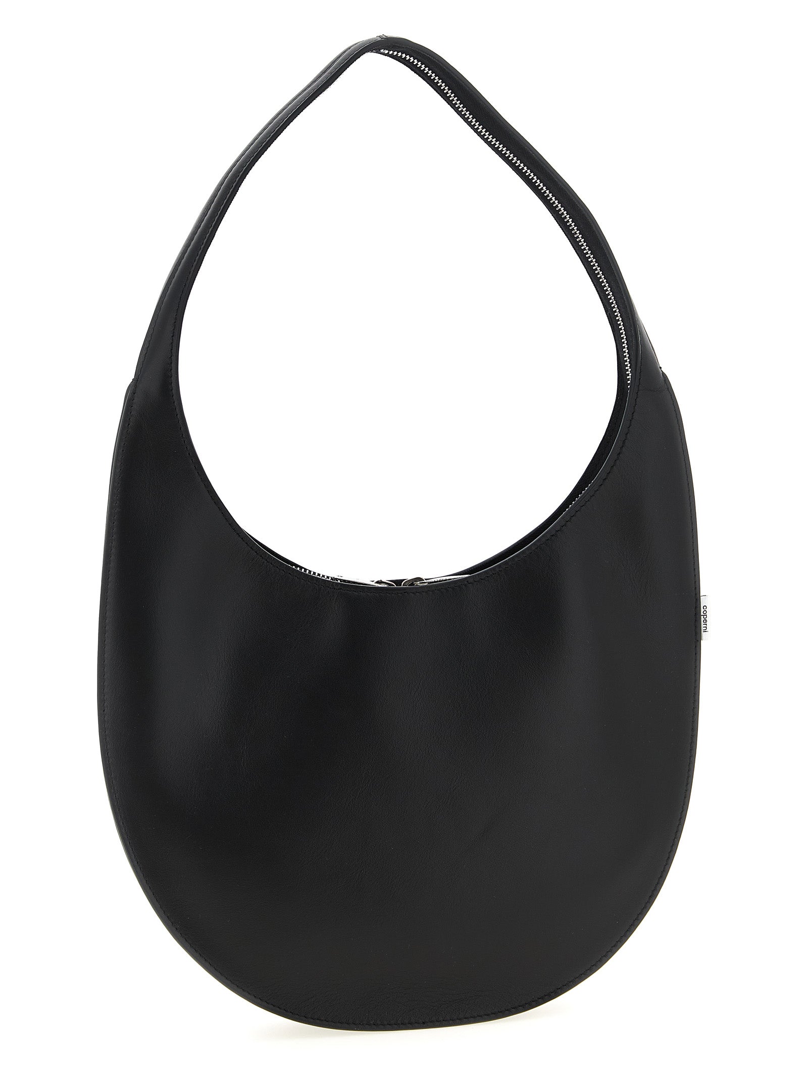 Medium Shoulder Bag by Coperni for women in bos taurus calf suede leather black presents a statuesque silhouette, showcasing a secure zipper and statuesque with versatile shoulder-strap for a sophisticated look.