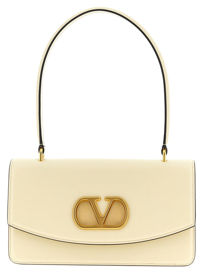 Shoulder Flap Bag by Valentino Garavani for women in calfskin leather white & signature features a stately silhouette, showcasing a secure flap & magnetic, ample , and stately shoulder-strap & handle for a stately finish.