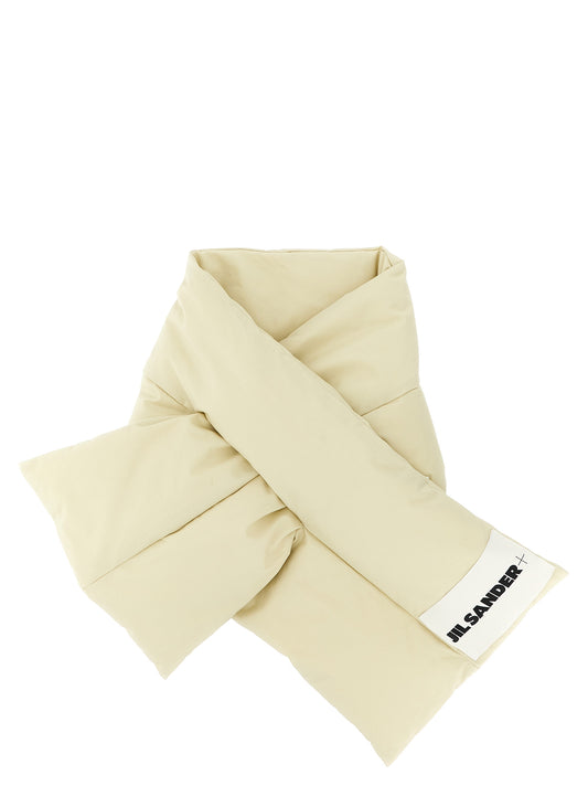 Scarf by Jil Sander for unisex in cotton plush & goose-down beige & signature showcases a eye catching silhouette, artfully capturing the essence of the eye catching Cotton Plush & Goose-Down Foulard Scarf design for a sophisticated look.